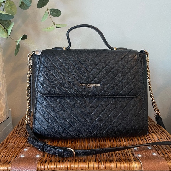 Karl Lagerfield Paris Charlotte Satchel Black Chevron Quilted Leather Crossbody - Picture 1 of 12